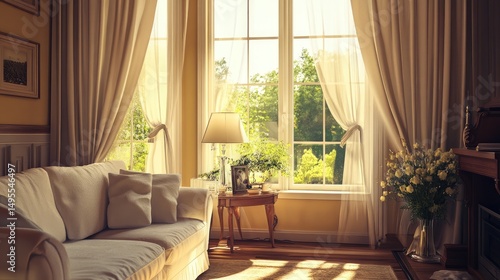 Living room with lovely window curtains
