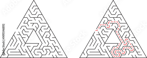 Triangular maze illustration demonstrating solution path and concept of problem solving