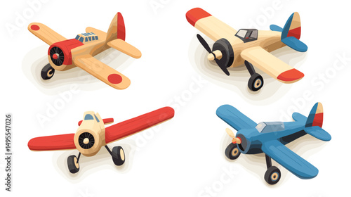 Playful Arrangement of Colorful Wooden Toy Airplanes in Various Designs and Styles
