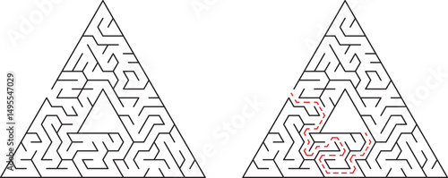 Triangular maze illustration with path and solution showing complex problem solving concept