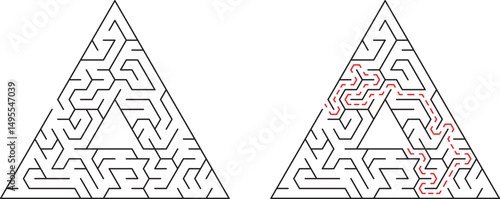 Triangle maze with solved path showing problem solving and solution finding concepts