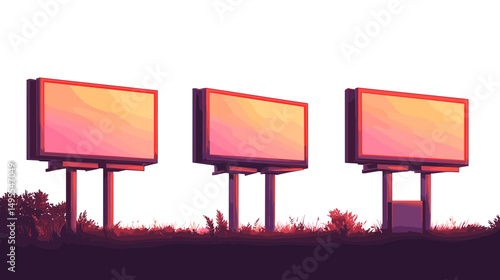Row of Empty Billboards Set Against Vibrant Sunset Skies and Lush Grass Landscape