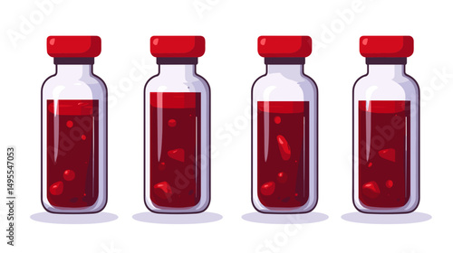 Row of Four Transparent Vials Containing Red Liquid in Clear Bottles on White Background