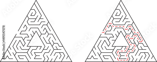 Triangular maze design with solved path depicted in red color for conceptual understanding