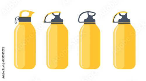 Row of Four Yellow Water Bottles with Ergonomic Design for Sports and Travel Use