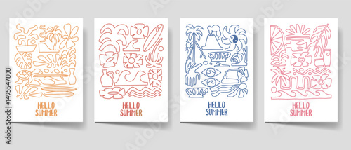 Vintage summer doodles poster set. Paradise beach bohemian illustration style for print, wall art. Minimalist boho illustration vector collection. Retro summer cover bundle. 