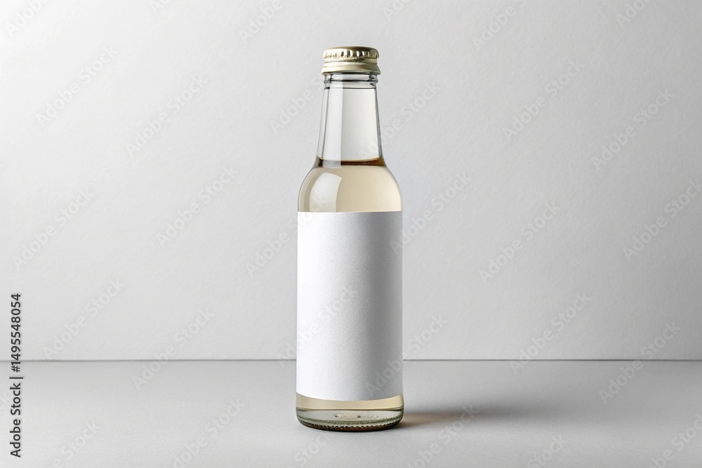 Fototapeta premium Clean Bottle with Label: A minimalist photo presents a sleek, transparent bottle, its blank label offering an open canvas for customization.