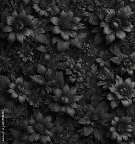 Intricate black charcoal floral wallpaper, rich botanical design , vintage, dark, subtle