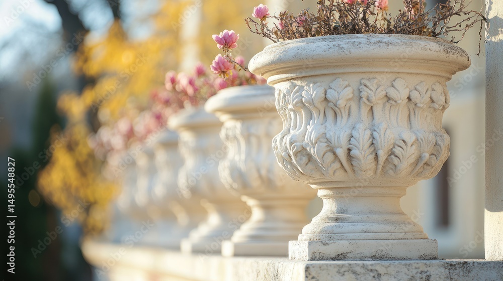 Obraz premium Ornate stone planters with pink flowers on a stone ledge.