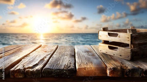 Seaside sunset view, tranquil ocean waves reflecting warm light, wooden pier with space for text, perfect for relaxation themes.