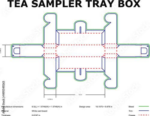 Detailed blueprint of a tea sampler tray box with dimensions and manufacturing specifications