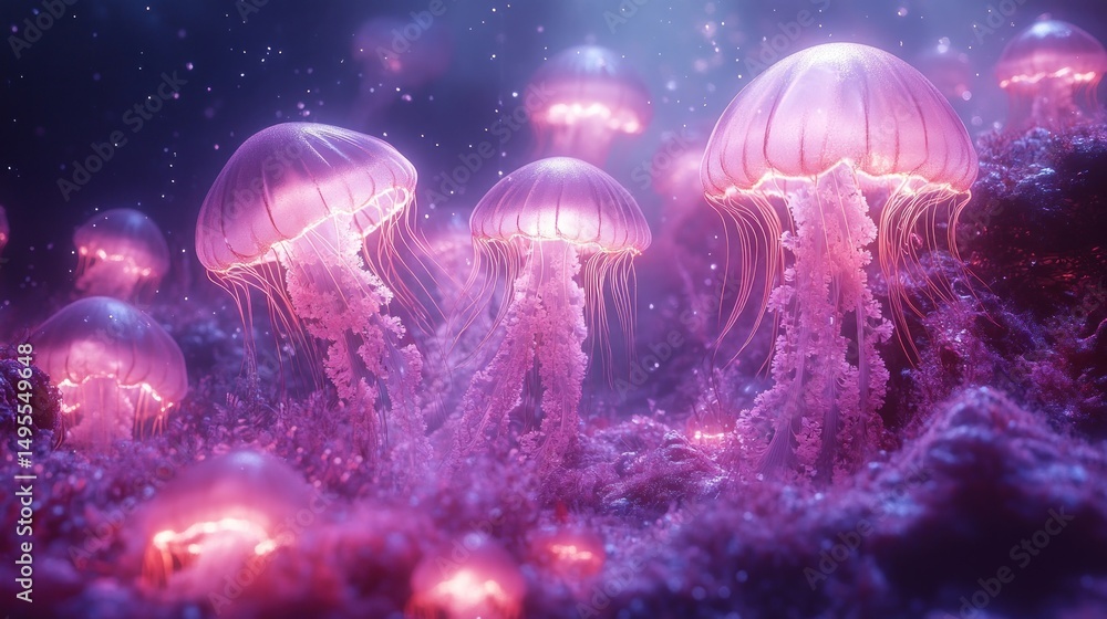 Fototapeta premium Pink jellyfish glowing in a vibrant underwater scene