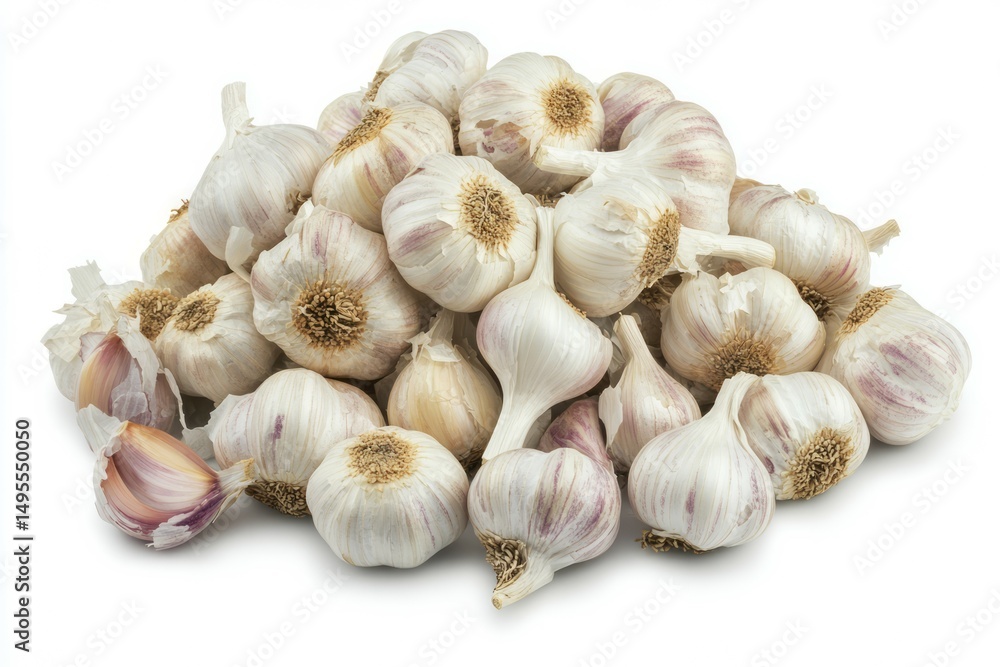 Stack of purple garlic bulbs on white background. AI generative Stack of purple garlic bulbs on white background. AI generative