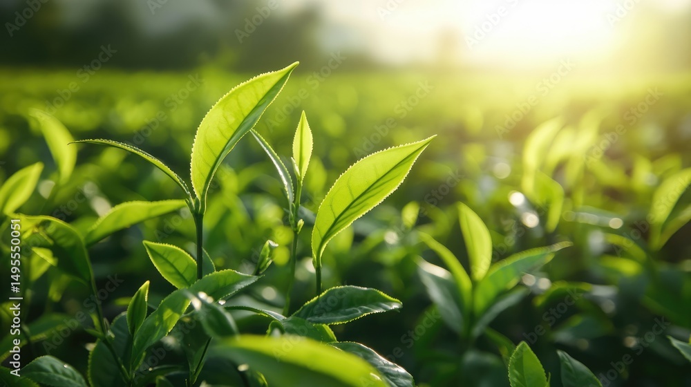 Organic Green Tea Plantation: Fresh Leaves in Herbal Eco Farm Organic Green Tea Plantation: Fresh Leaves in Herbal Eco Farm