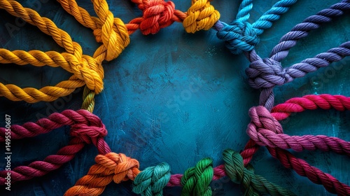 Robust and multifarious network rope team idea that incorporates braid, color background and cooperation with text space, Generative AI.