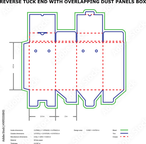 Diagram of reverse tuck end packaging design with overlapping dust panels for boxes