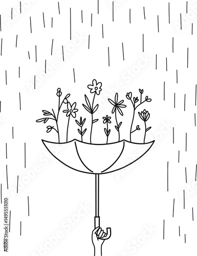 Umbrella with Flowers in Rain Vector Illustration - Hand Drawn Concept of Hope and Growth in Minimal Doodle Style