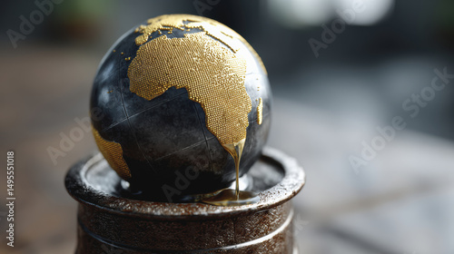 Close-up of an oil barrel leaking fluid onto a miniature globe, highlighting environmental concerns.