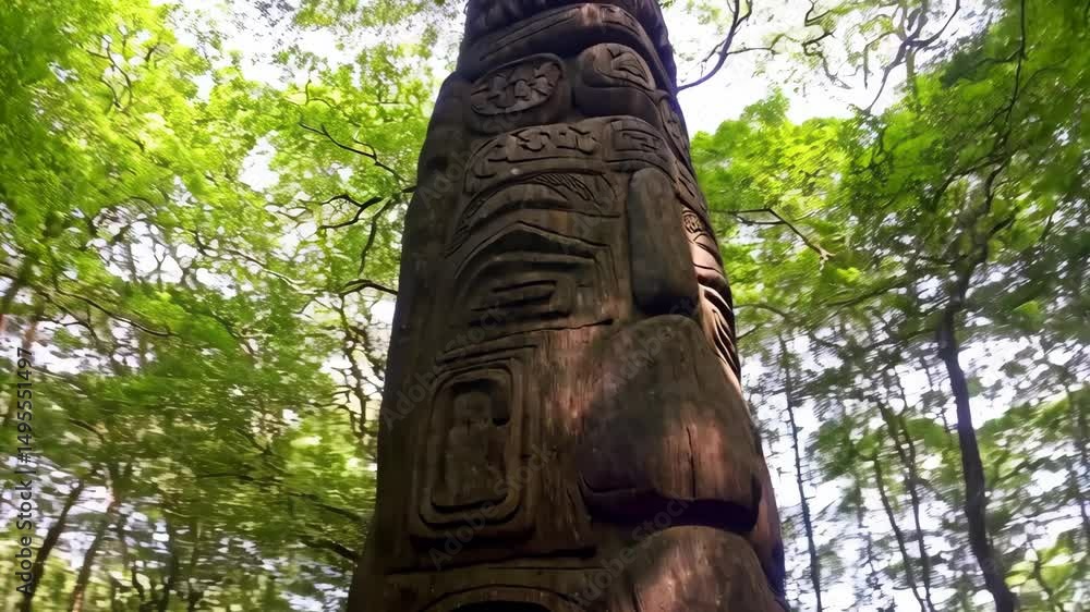 Hand carved totem pole stands tall amongst green forest trees in the bright daylight sun on warm sunny day ancient tribal history Hand carved totem pole stands tall amongst green forest trees in the bright daylight sun on warm sunny day ancient tribal history