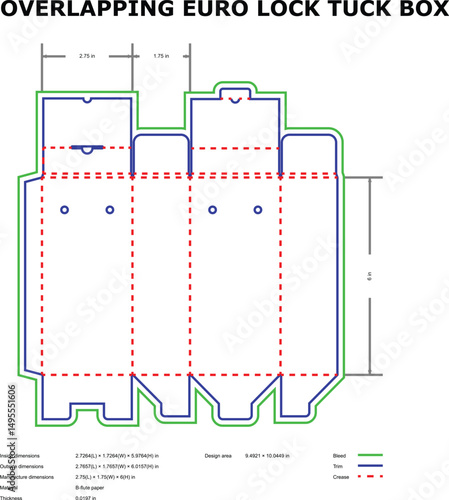 Euro lock tuck box template with overlapping design for packaging and manufacturing