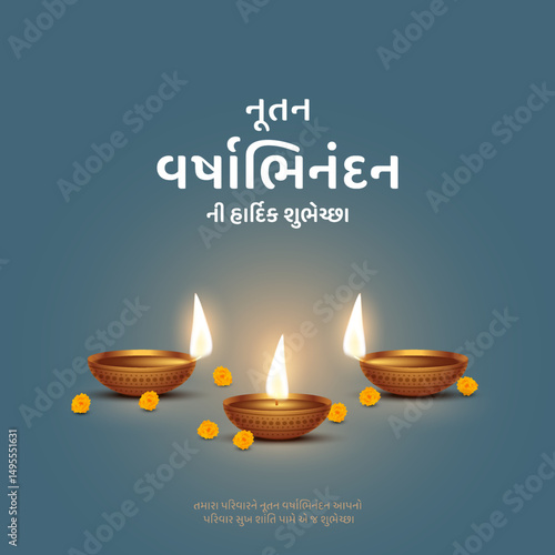 Nutan Varshabhinandan', meaning 'Happy New Year' in Gujarati language, India. Indian festival of lights, even called Diwali. Nutan varshabhinandan and Saal Mubarak Post Template in Gujarati.