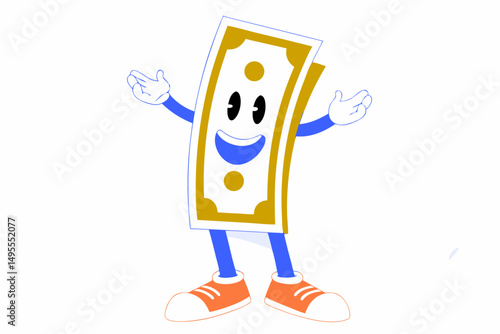 Animated dollar bill illustration as a character with limbs perfect for marketing materials money themed merchandise or youth finance campaigns