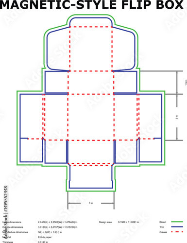 Vector diagram of a magnetic style flip box packaging template with measurements included