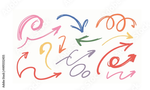 multi colour arrow doodles set - hand drawn swirls, curved lines, chaotic pointers. Chalk sketches, artistic design elements pack. Grunge style marker scribbles, crayon strokes outline drawings.