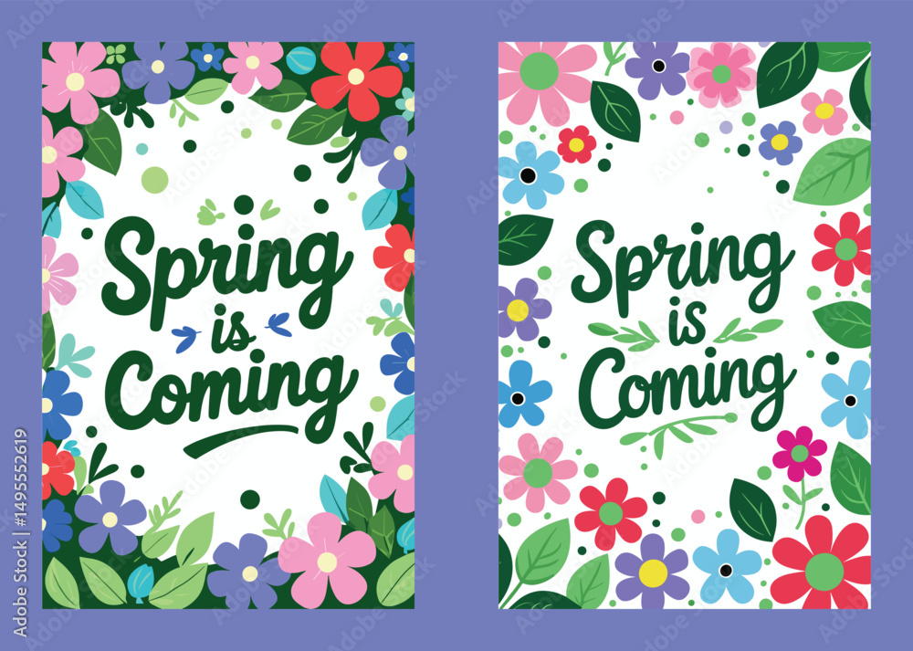 Naklejka premium Spring Is Coming Vector Card Design With Floral Frame Elements