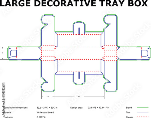 Vector blueprint of a large decorative tray box template with manufacturing dimensions included