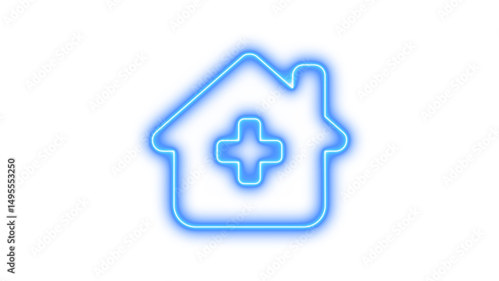 Fototapeta premium Neon house icon with medical cross, symbolizing healthcare at home, Neon house chimney medical icon glow with transparent background