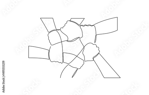 Continuous one line of three human hands holding each other, People unite their hands together continuous line drawing isolated background for Teamwork concept.