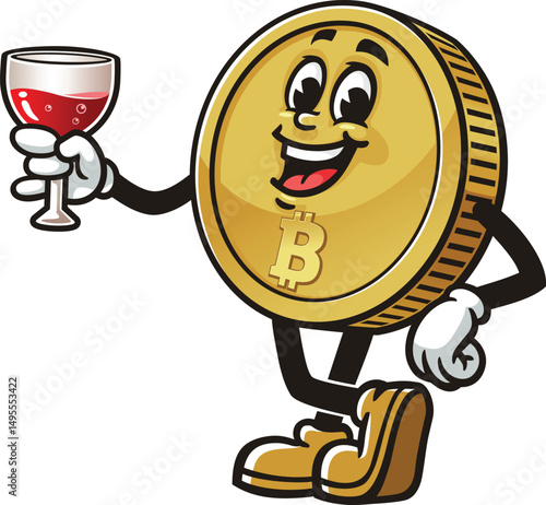Bitcoin character cartoon holding a glass of drink