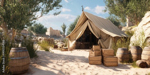 Ancient Oasis Camp: A sun-drenched canvas tent nestled amongst olive trees near ancient ruins, barrels and crates are scattered around, hinting at trade or travel.