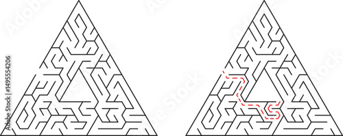 Triangular maze illustration with solution path depicted in red color for easy navigation
