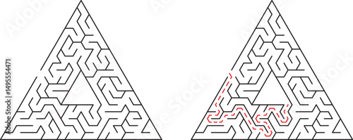 Triangular maze solving the complex path with red highlighted solution route on white background