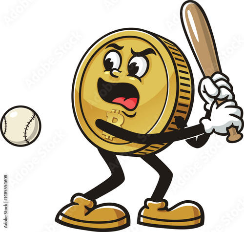 Bitcoin character cartoon playing baseball