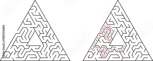 Two triangular mazes one solved with red path illustrating solution and problem solving
