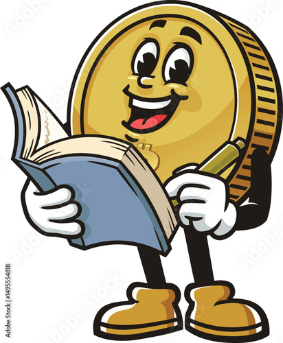 Bitcoin character cartoon holding a book