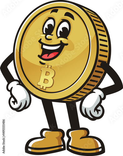 Bitcoin character cartoon laughing happily