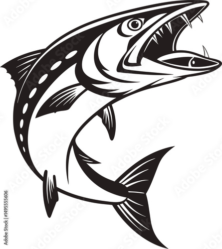Barracuda Fish Silhouette Design in Black. Black Barracuda Fish Silhouette Illustration. Barracuda Silhouette Art in Bold Black Design