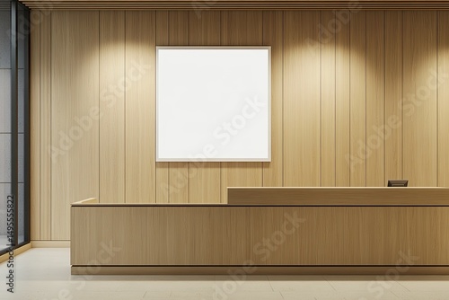 Modern reception desk with light-colored wood paneling.  Empty white frame on wall.  Large windows