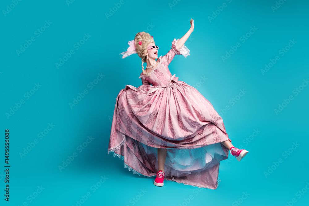 Naklejka premium Full size photo of young aristocratic woman dance chill wear baroque dress isolated on teal color background