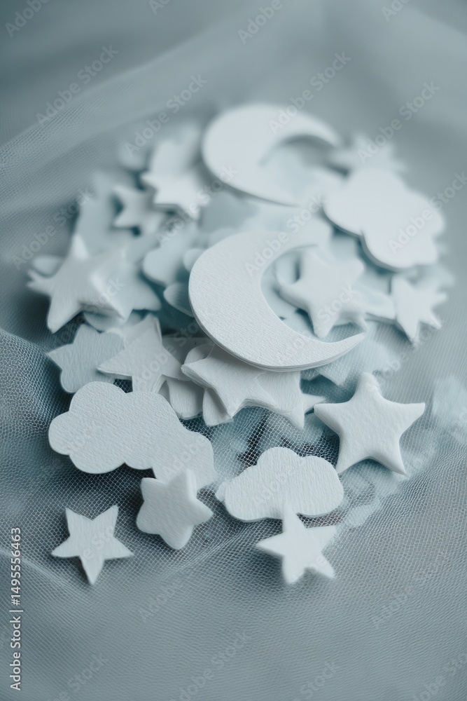 Obraz premium Moon, Stars, and Clouds on Light Blue Tulle Background