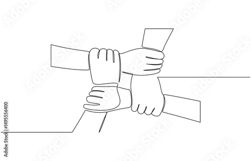 Continuous one line of three human hands holding each other, People unite their hands together continuous line drawing isolated background for Teamwork concept.