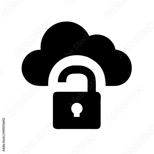 Black silhouette icon of an unlocked padlock beneath a cloud. Useful for cloud access blogs, data freedom websites, or discussions about unlocking cloud services.