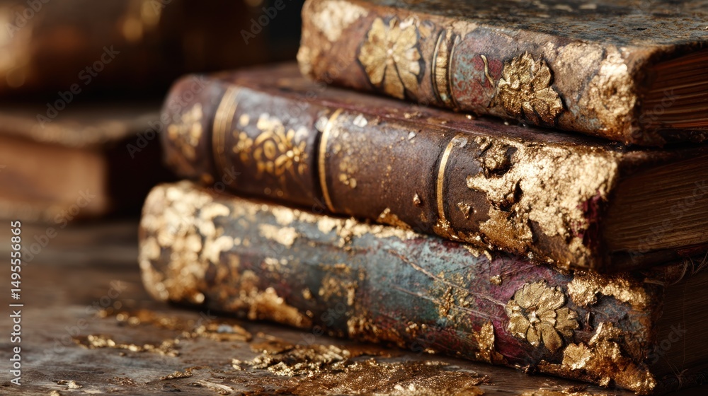 Antique Books Stacked, Golden-Leaf Embellished Antique Books Stacked, Golden-Leaf Embellished