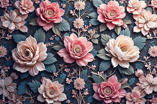 Delicate floral lace, intricate repeating motif, fabric, texture