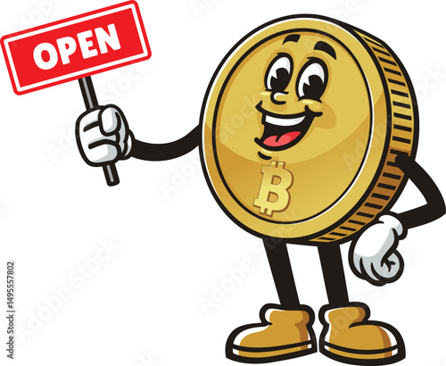 Bitcoin character cartoon holding an open sign