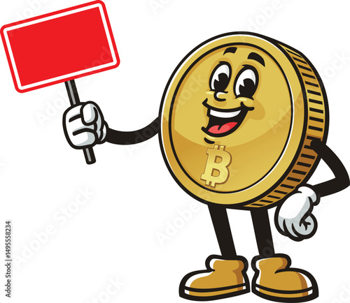 Bitcoin character cartoon holding a blank sign board